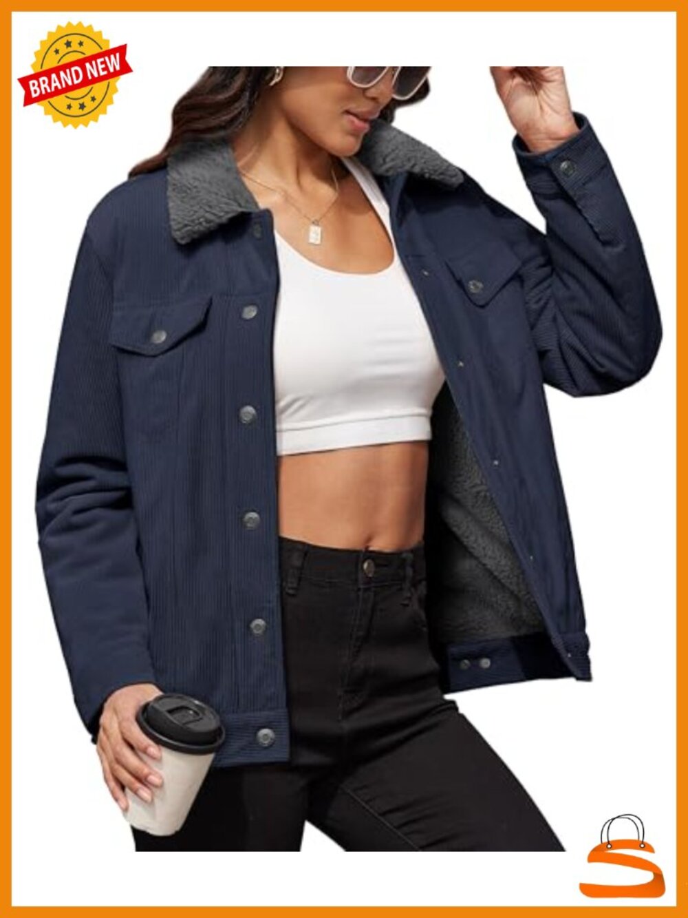 Corduroy Jacket Sherpa Fleece Lined Warm Winter Coat Fitted